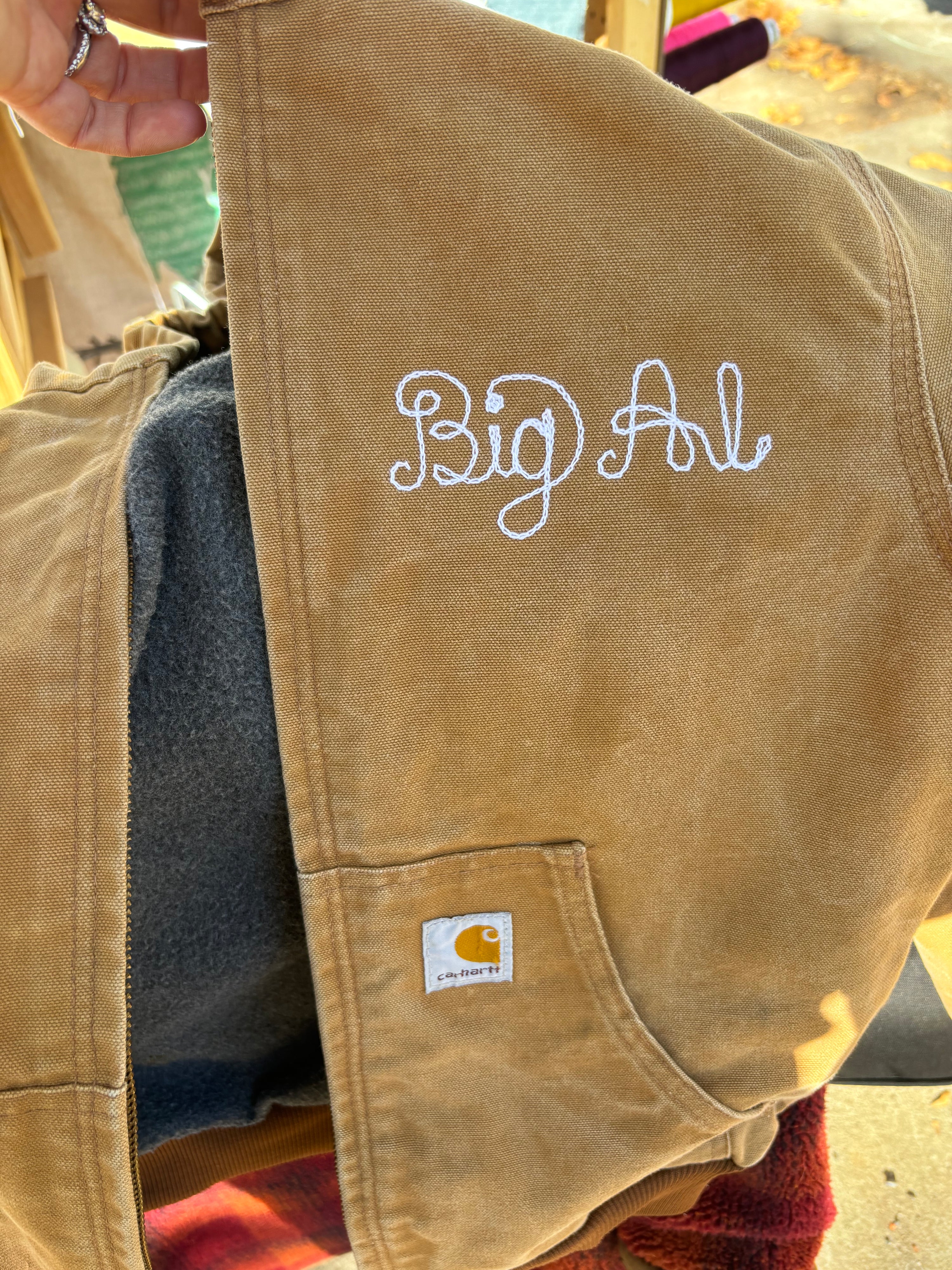 Custom handmade chainstitch embroidered Carhartt jacket with "Big Al" embroidering.