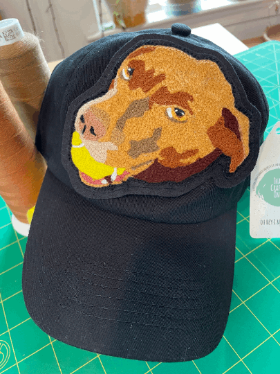 Handmade Handcranked Chainstitch Embroidered Custom Pet Portrait Patch - LARGE - pet portrait patch embroidered onto a baseball hat