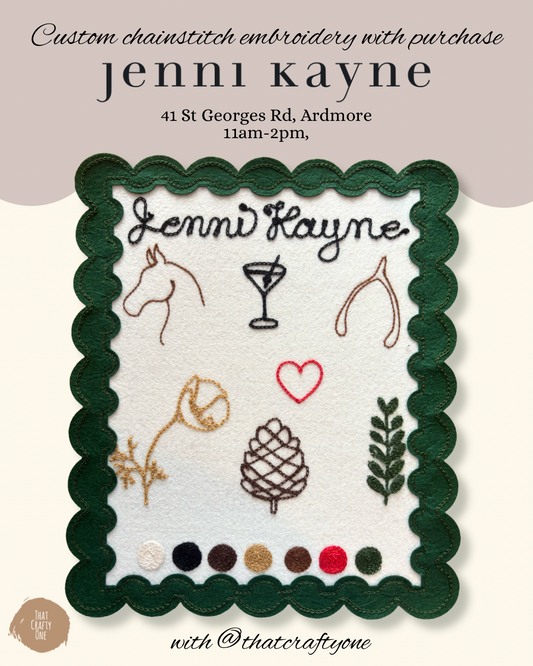 Custom holiday embroidery menu featuring hand-drawn designs and brand-inspired colors for Jenni Kayne's retail event