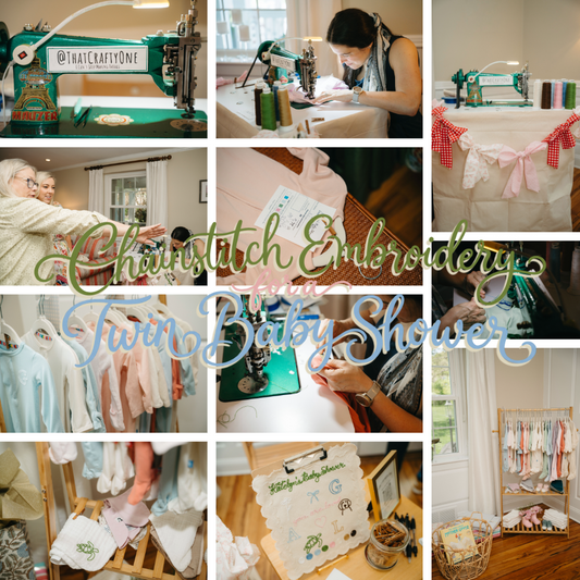 Live chainstitch embroidery station at a twin baby shower in Wayne, Pennsylvania.