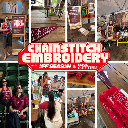 Two chainstitch embroidery artists customizing merchandise at Urban Outfitters and Off Season's Philadelphia brand activation.