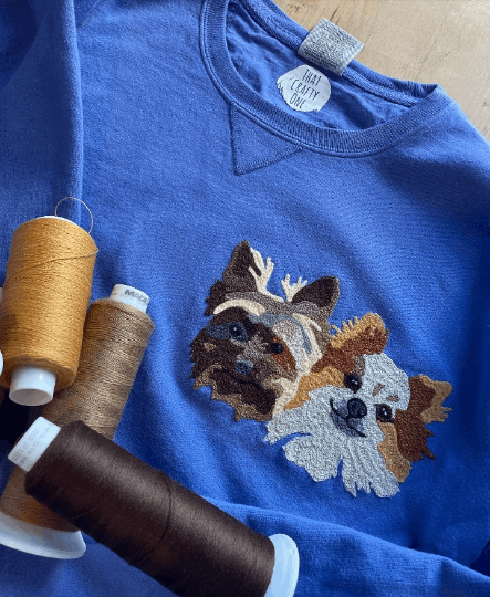 Handmade Handcranked Chainstitch Embroidered Custom Pet Portrait Sweatshirt - Two Pets