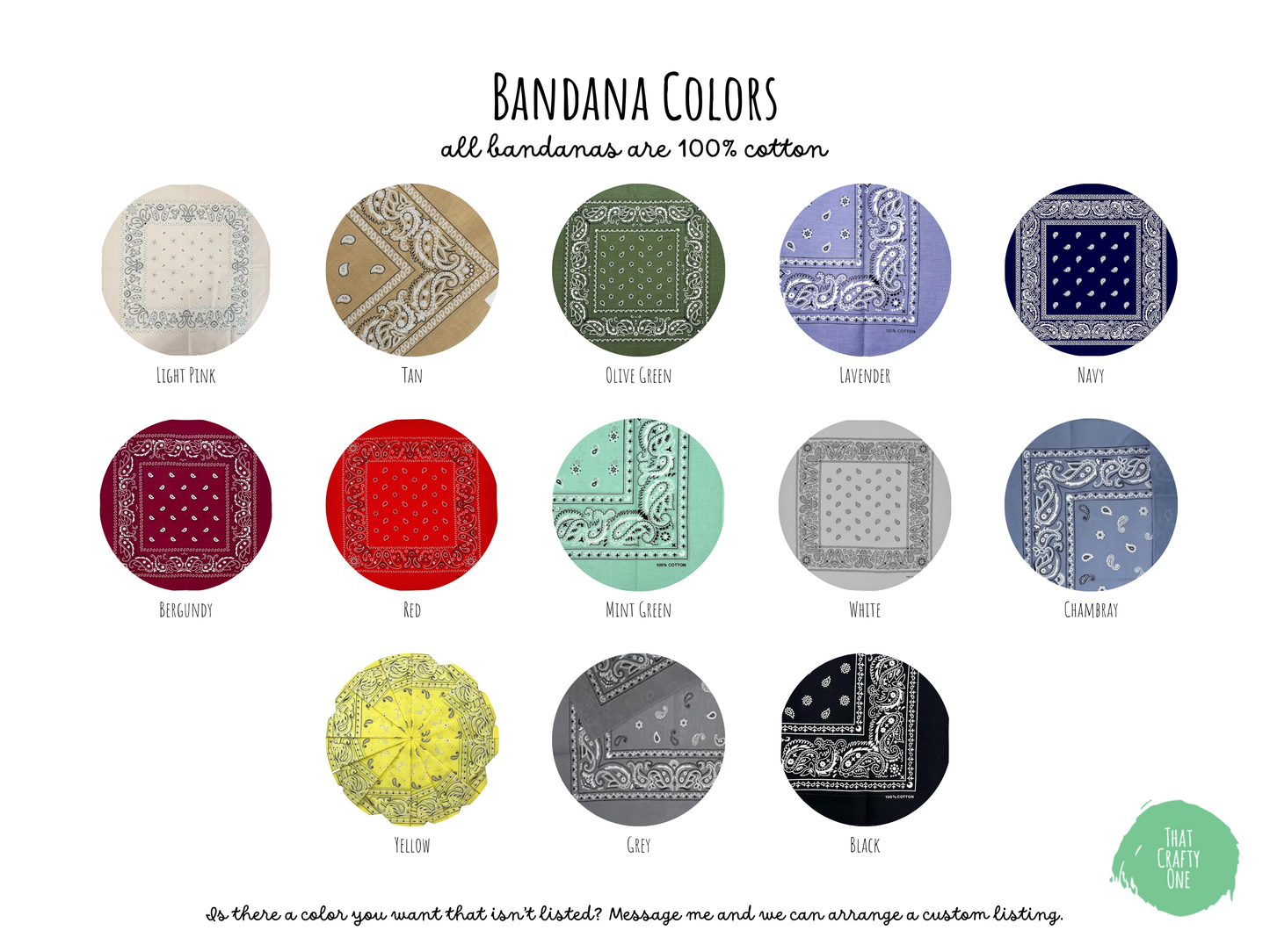 Color choices of bandanas for customized chainstitch embroidery