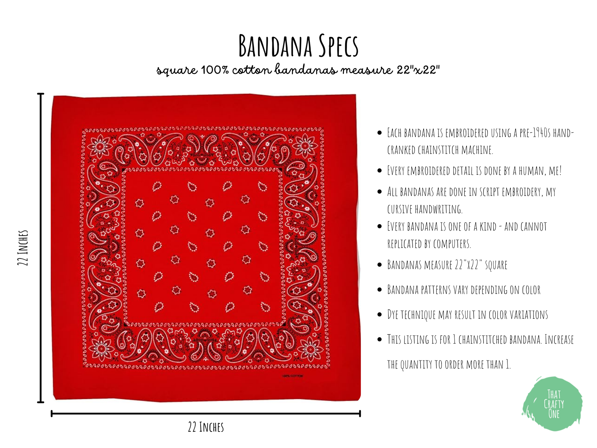 Details around the size and specifications of bandanas