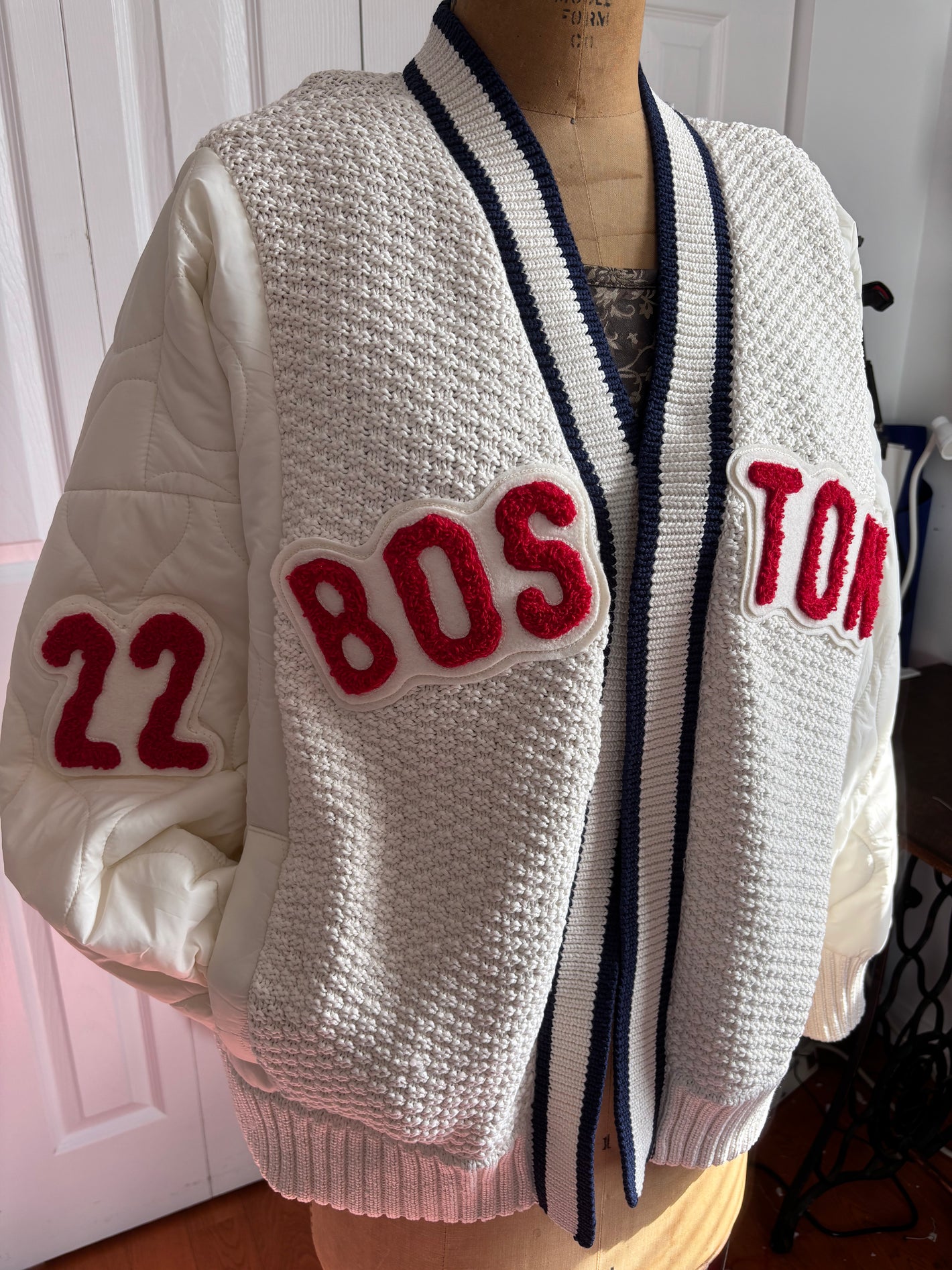 Custom Boston Red Sox chenille embroidered varsity vintage sweater jacket commissioned for opening day at fenway park by players' wife.