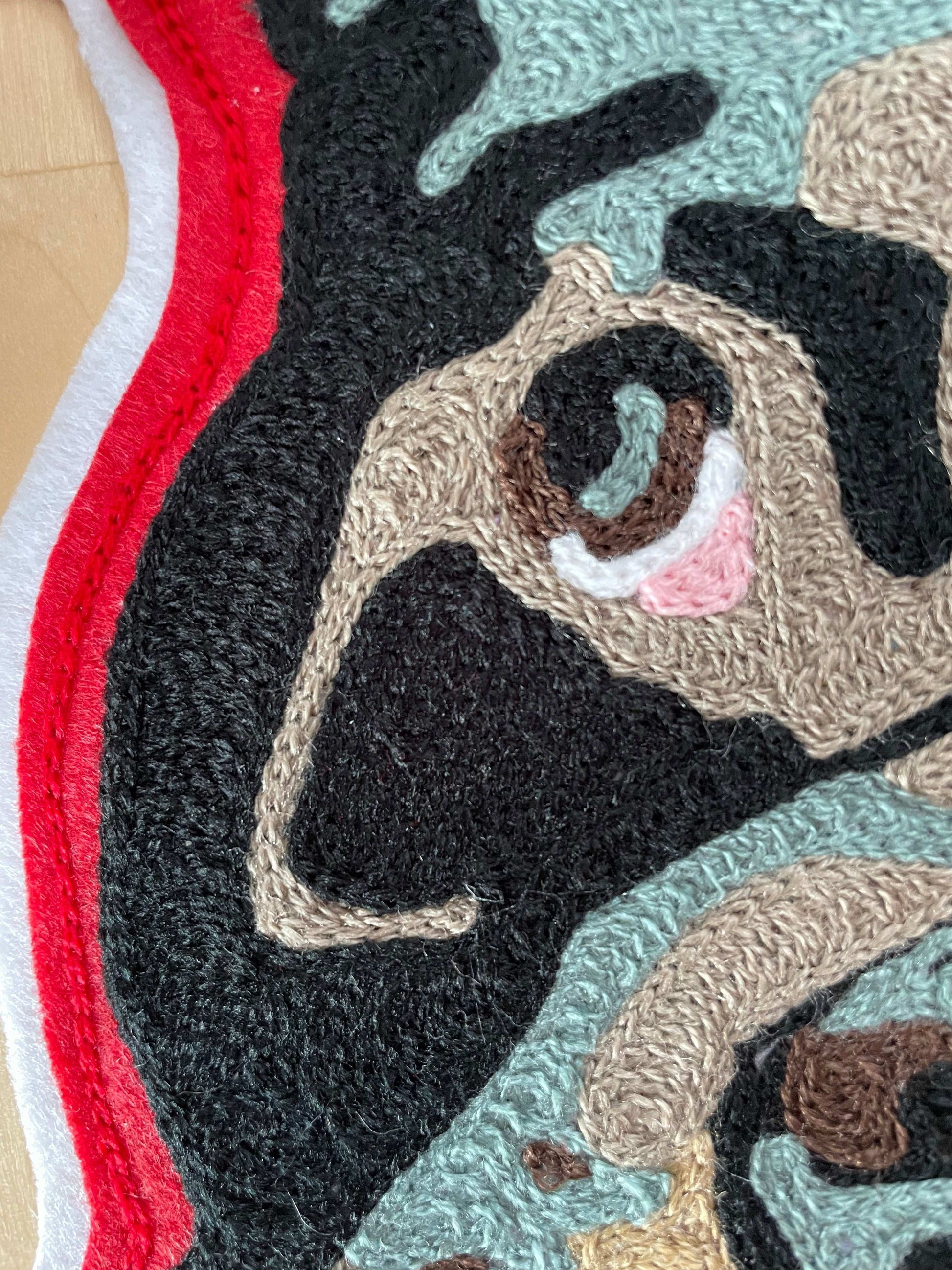 Handmade Handcranked Chainstitch Embroidered Custom Pet Portrait Patch - LARGE - closeup image of chainstitch embroidery