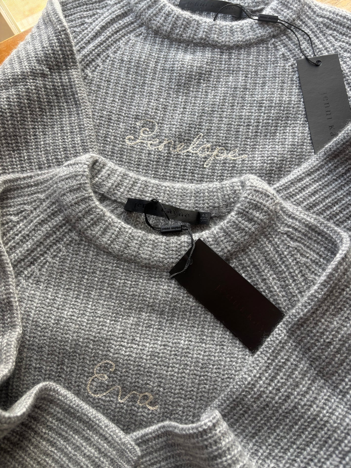 custom personalized chainstitch embroidery of cashmere sweaters from jenni kayne