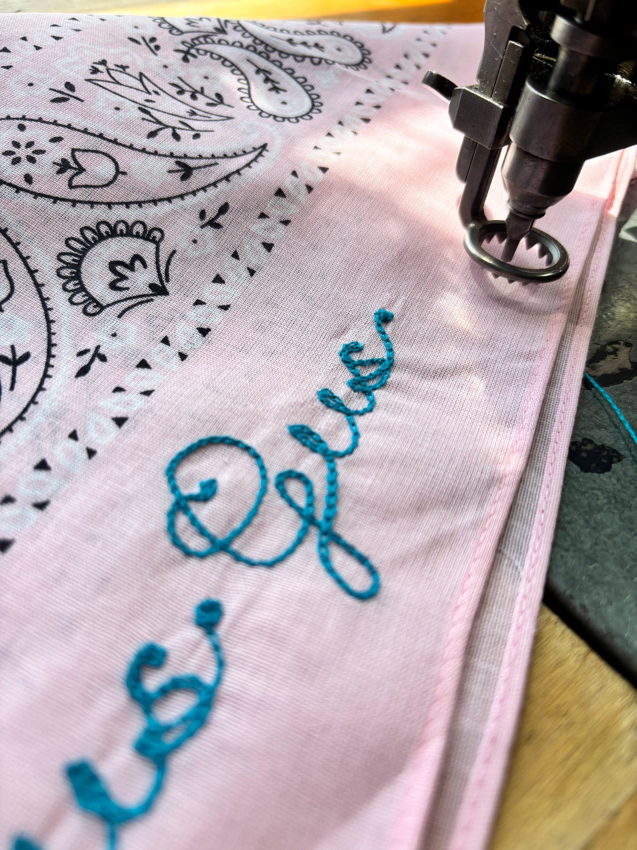 Closeup of chainstitch embroidered bandana
