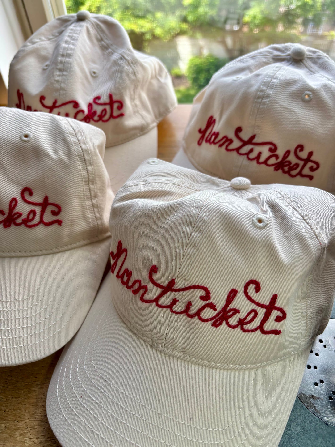 Custom chainstitch embroidered Nantucket Dad hats for a bachelorette wedding party for a Philadelphia wedding