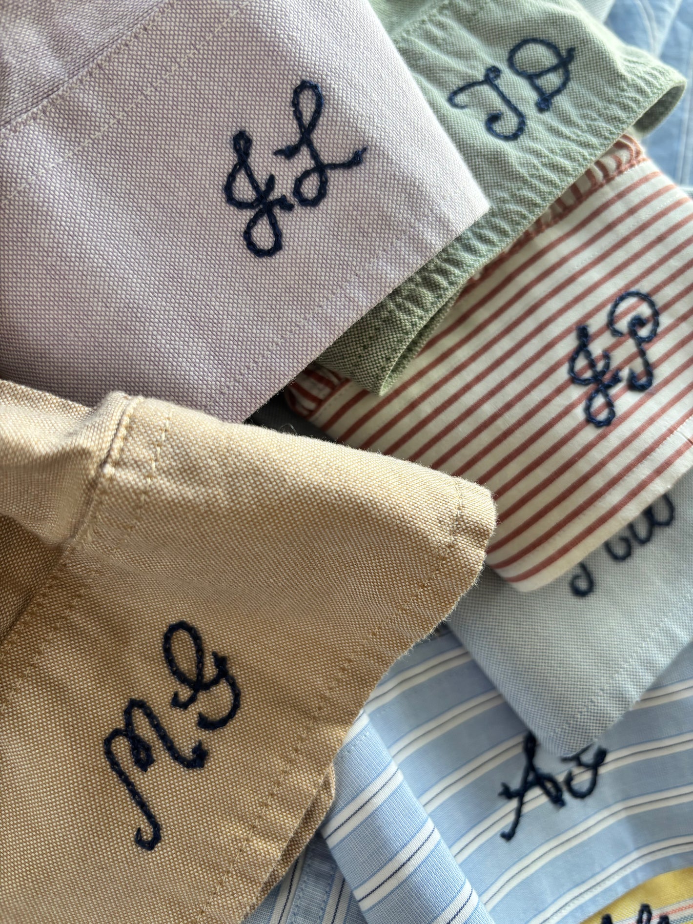 Custom chainstitch embroidery of the cuffs on mens oversized button down shirts for a bridal party of bridesmaids to wear as they're getting ready for the wedding.