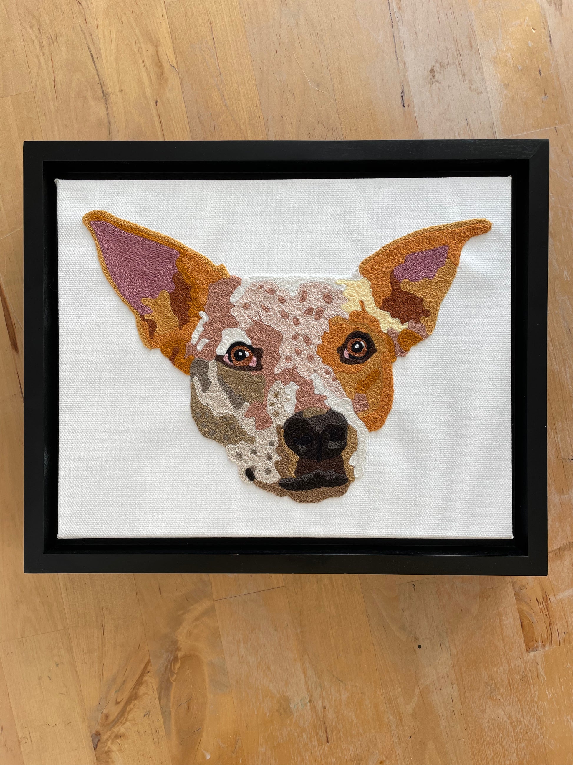 framed custom pet portrait chainstitch embroidered commission of a red cattle dog on a white canvas framed in a black frame