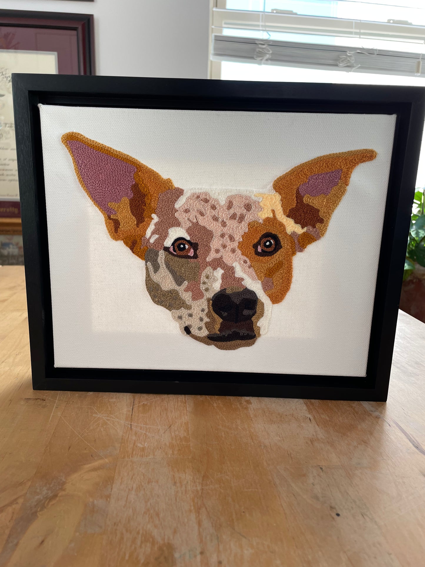 framed custom pet portrait chainstitch embroidered commission of a red cattle dog on a white canvas framed in a black frame
