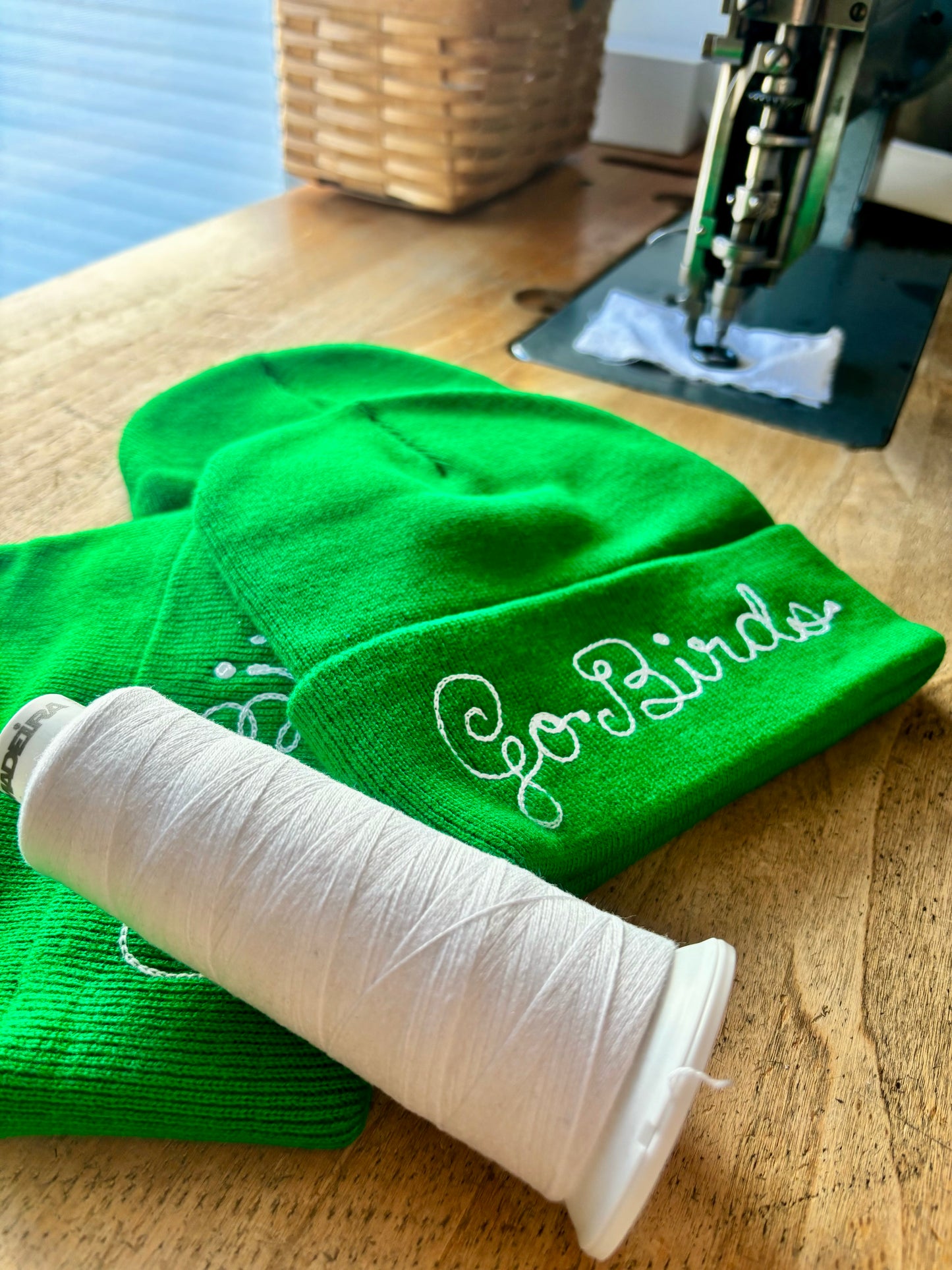 Go Birds kelly green chainstitched beanie representing the Philadelphia Eagles in loopy script embroidery