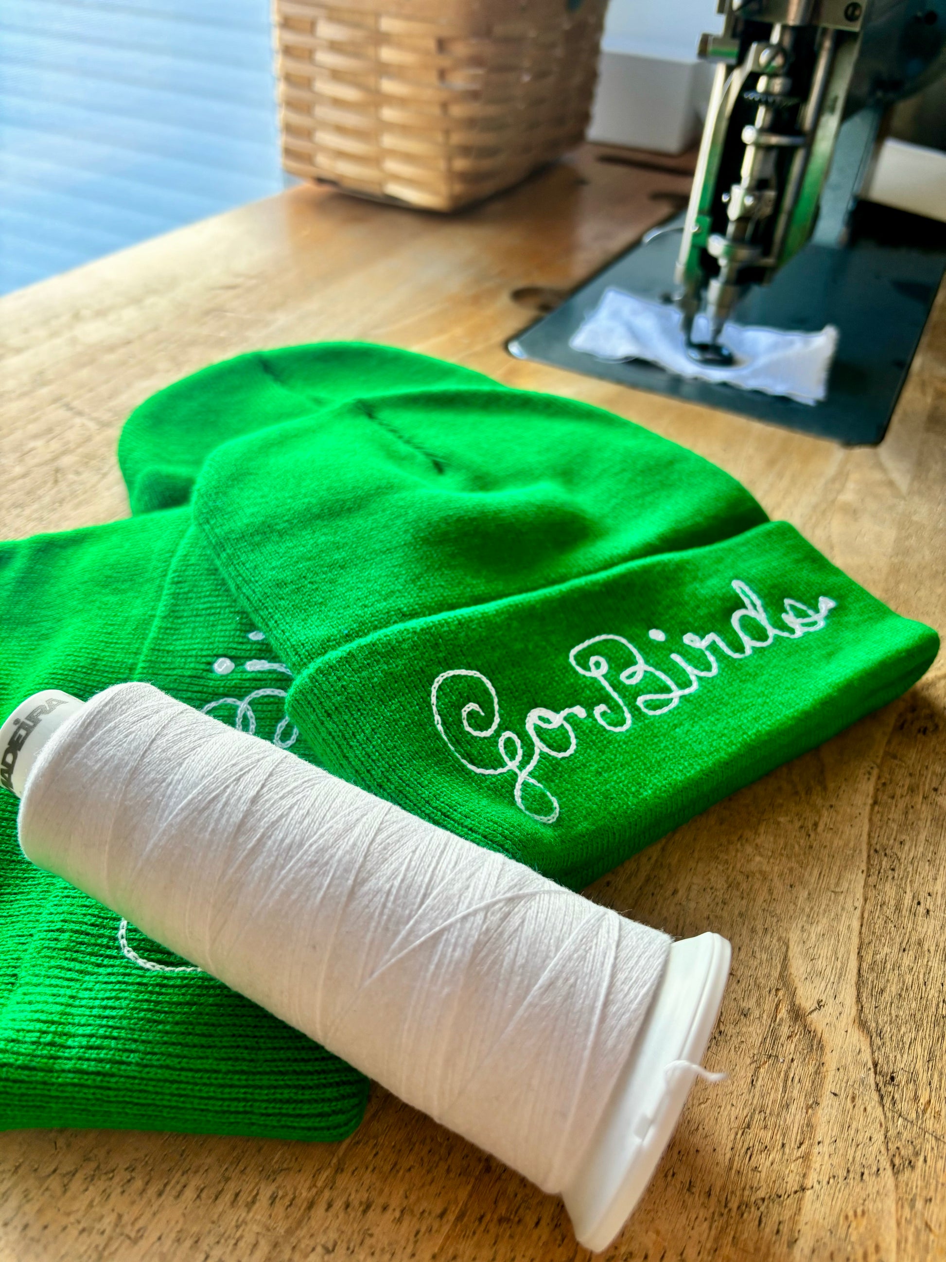 Go Birds kelly green chainstitched beanie representing the Philadelphia Eagles in loopy script embroidery