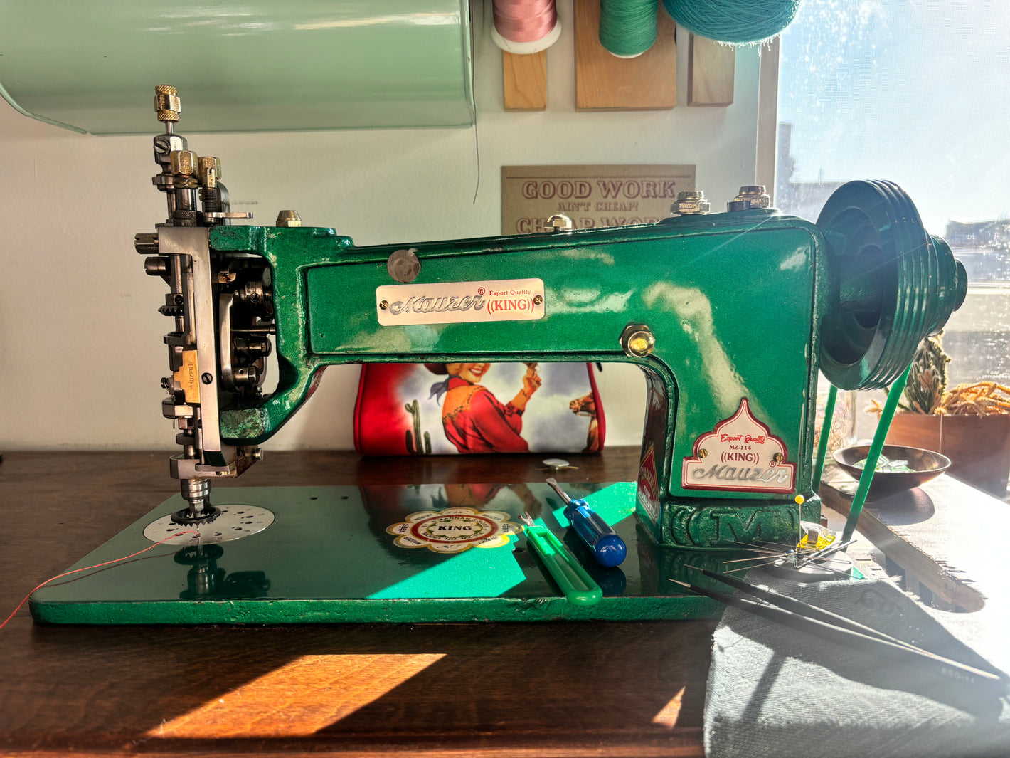 Emerald green industrial chainstitch machine