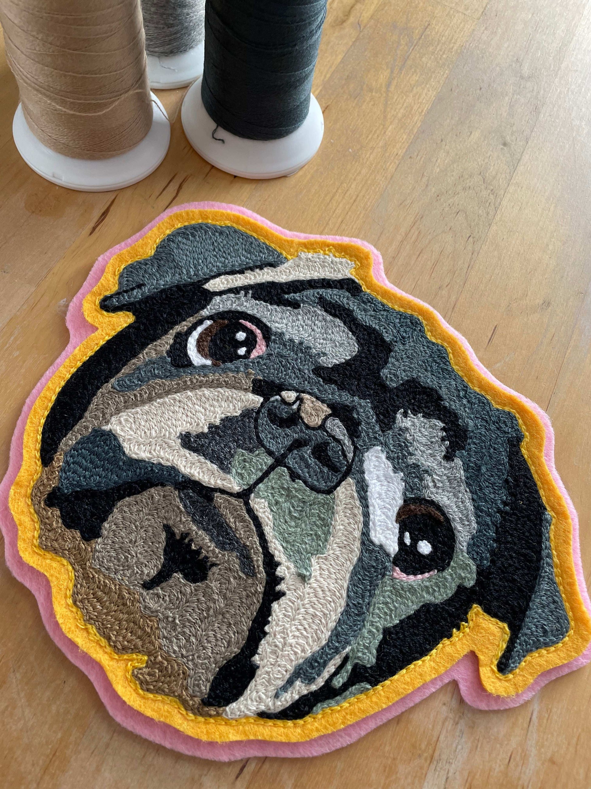 Handmade Handcranked Chainstitch Embroidered Custom Pet Portrait Patch - LARGE - embroidered pug pet portrait chainstitched in Philadelphia PA