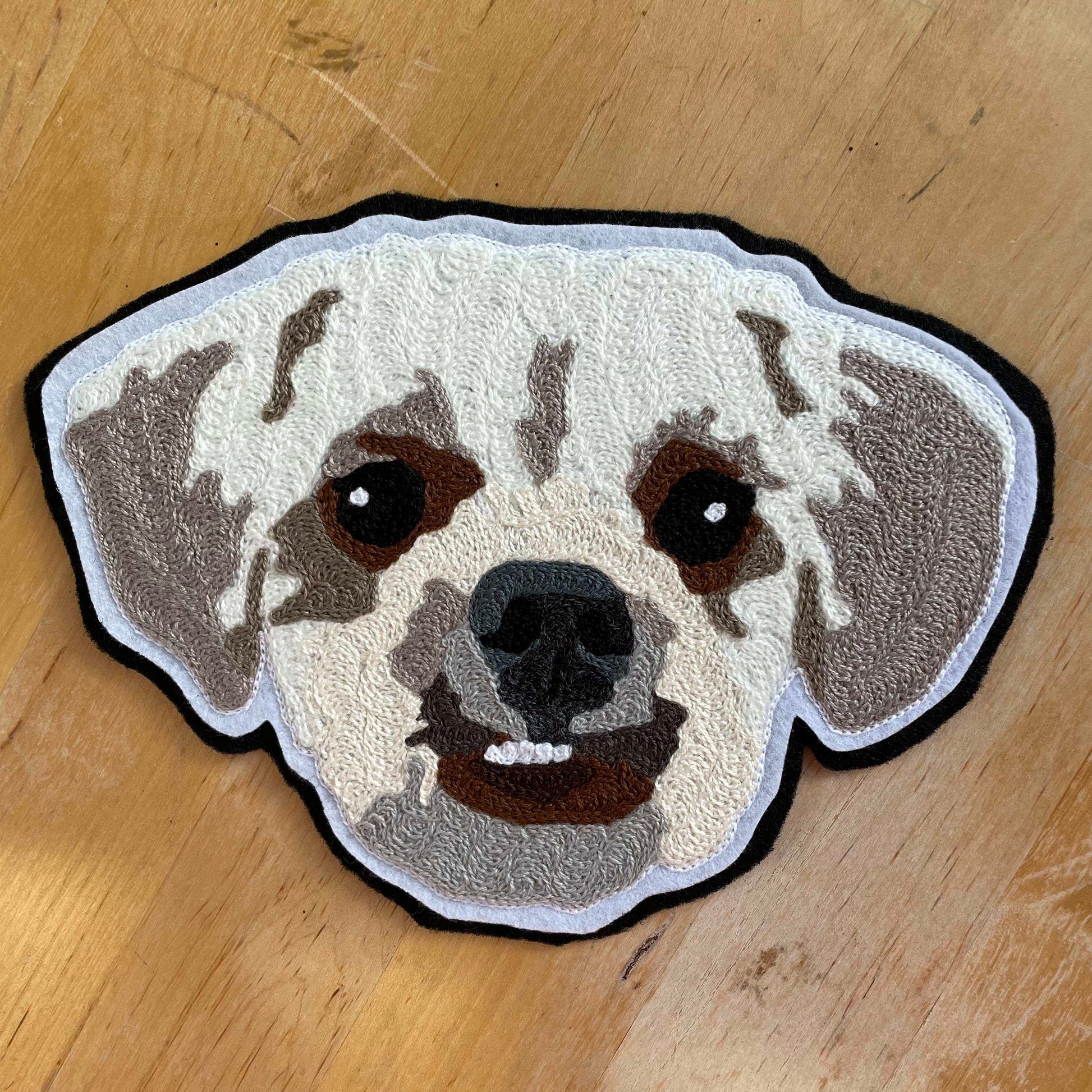 Handmade Handcranked Chainstitch Embroidered Custom Pet Portrait Patch - LARGE of a white fluffy dog, handmade on an industrial chainstitch machine in Philadelphia
