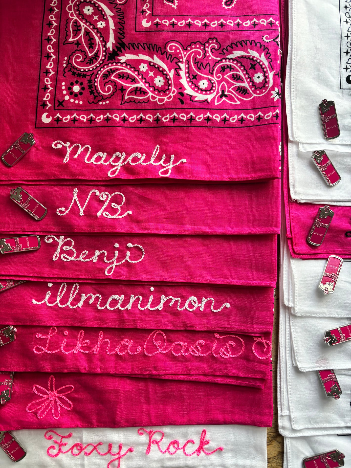 Custom chainstitch embroidered bandanas for dancers at a Red Bull Dance live embroidery event.