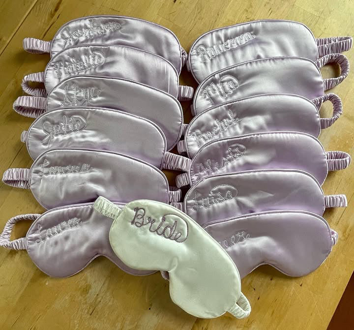 Custom chainstitch embroidered sleep masks for a bridal party of bridesmaids for a Philadelphia wedding
