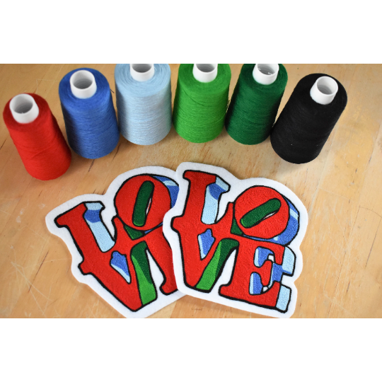 Custom chainstitched embroidered Philadelphia LOVE statue patches. Handmade embroidered patches.
